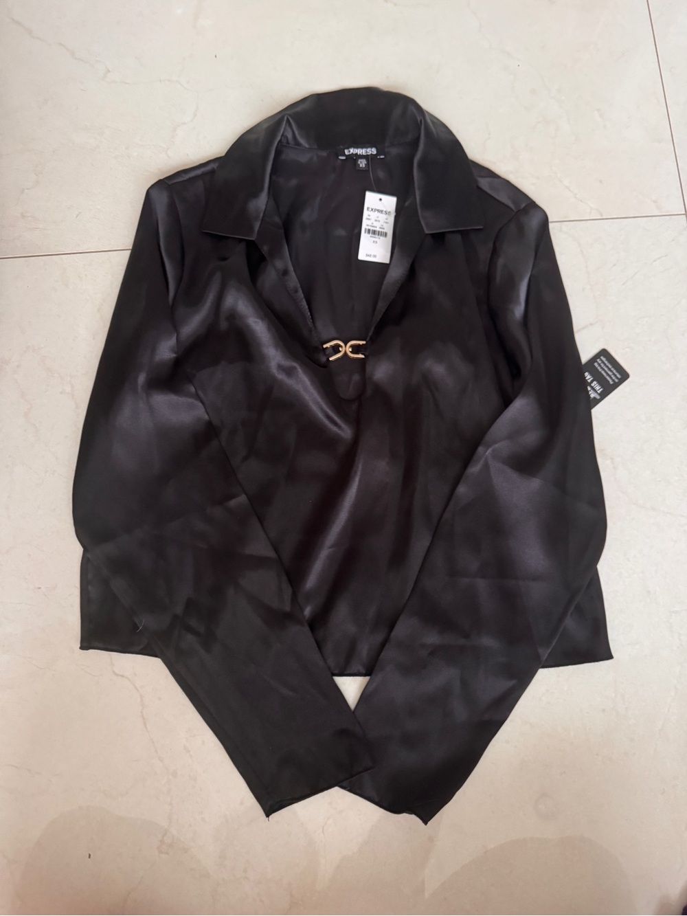 Express Black Satin Blazer with Gold Accent Clasp